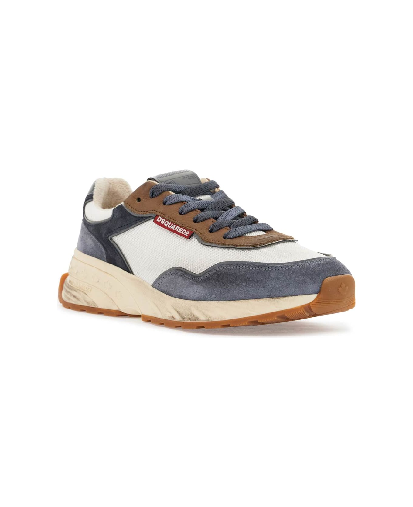 Dsquared2 Low Top Blue Denim Sneakers In Leather With Suede Inserts And Rubber Sole - Bianco e Grigio