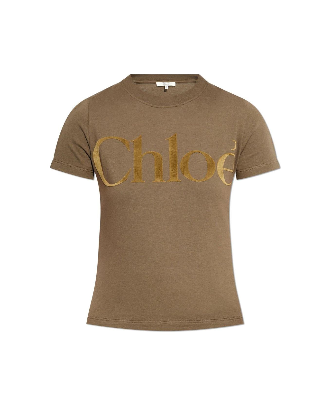 Chloé Velvet-logo Crewneck T-shirt - BROWN