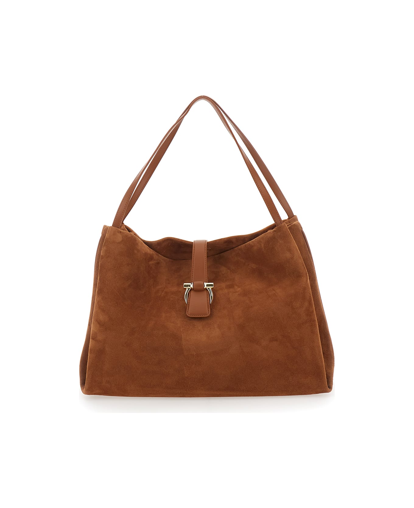 Ferragamo Brown Shoulder Bag With Two Top Handles And Gancini Plaque On The Front In Suede Woman - Brown