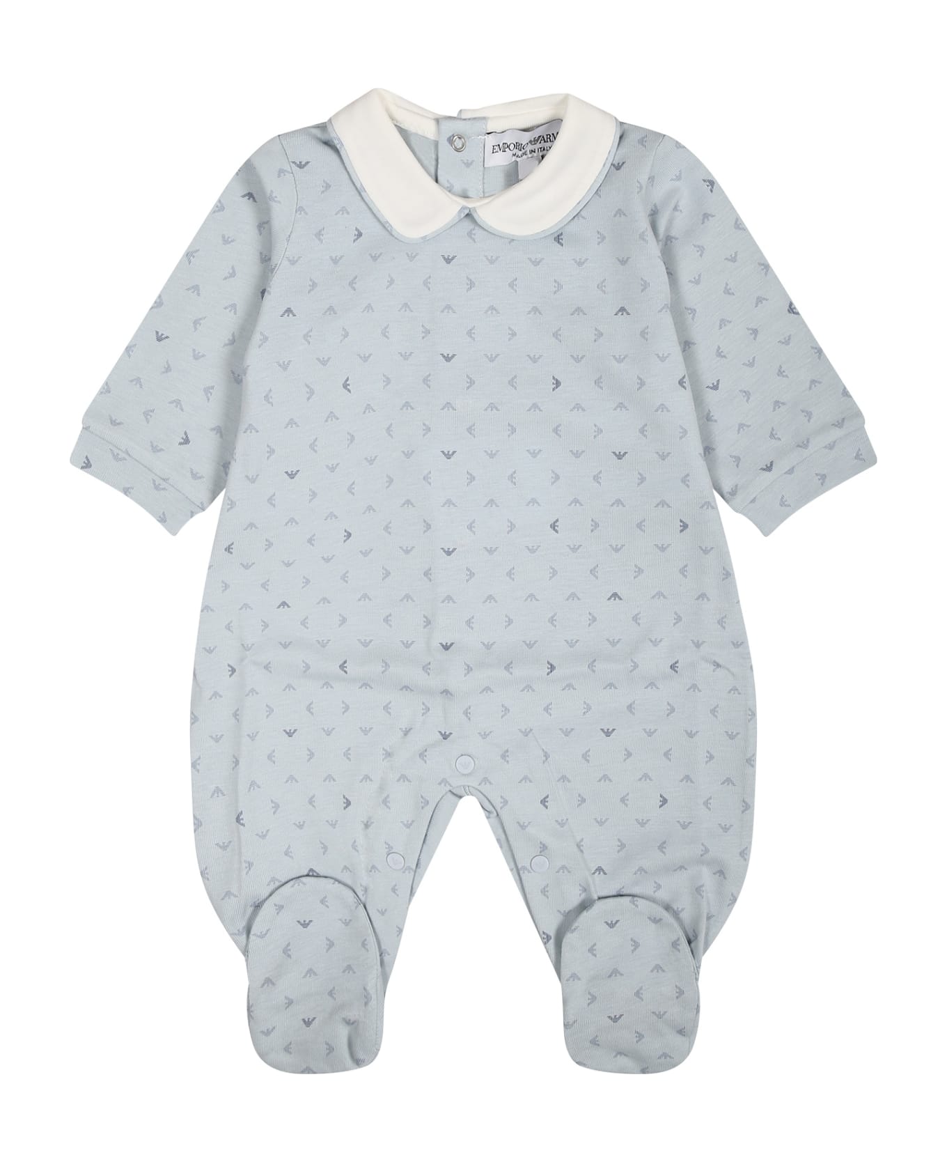 Emporio Armani Light Blue Playsuit For Baby Boy With All-over Eagle Logo - Light Blue ボディスーツ＆セットアップ