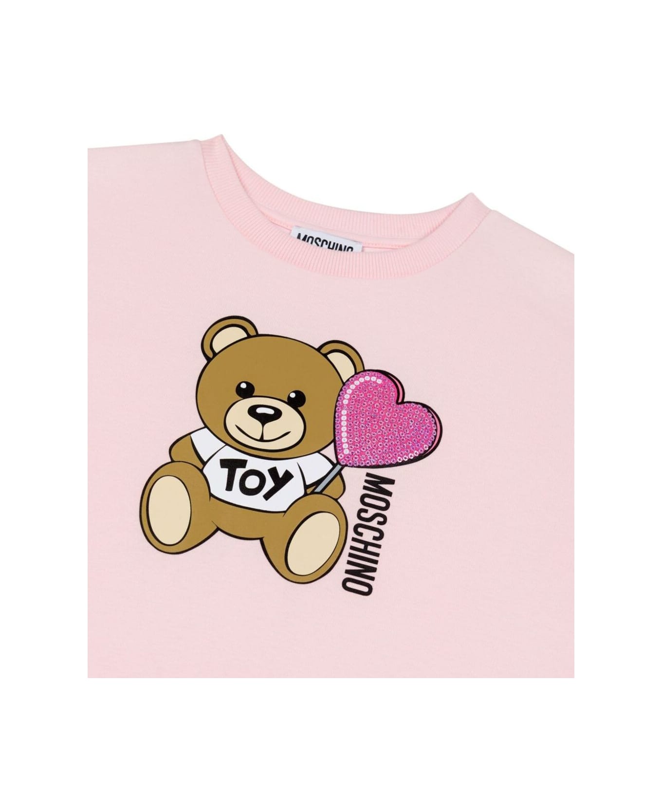 Moschino Pink Crewneck Dress With Logo Print On The Front In Cotton Girl - Pink