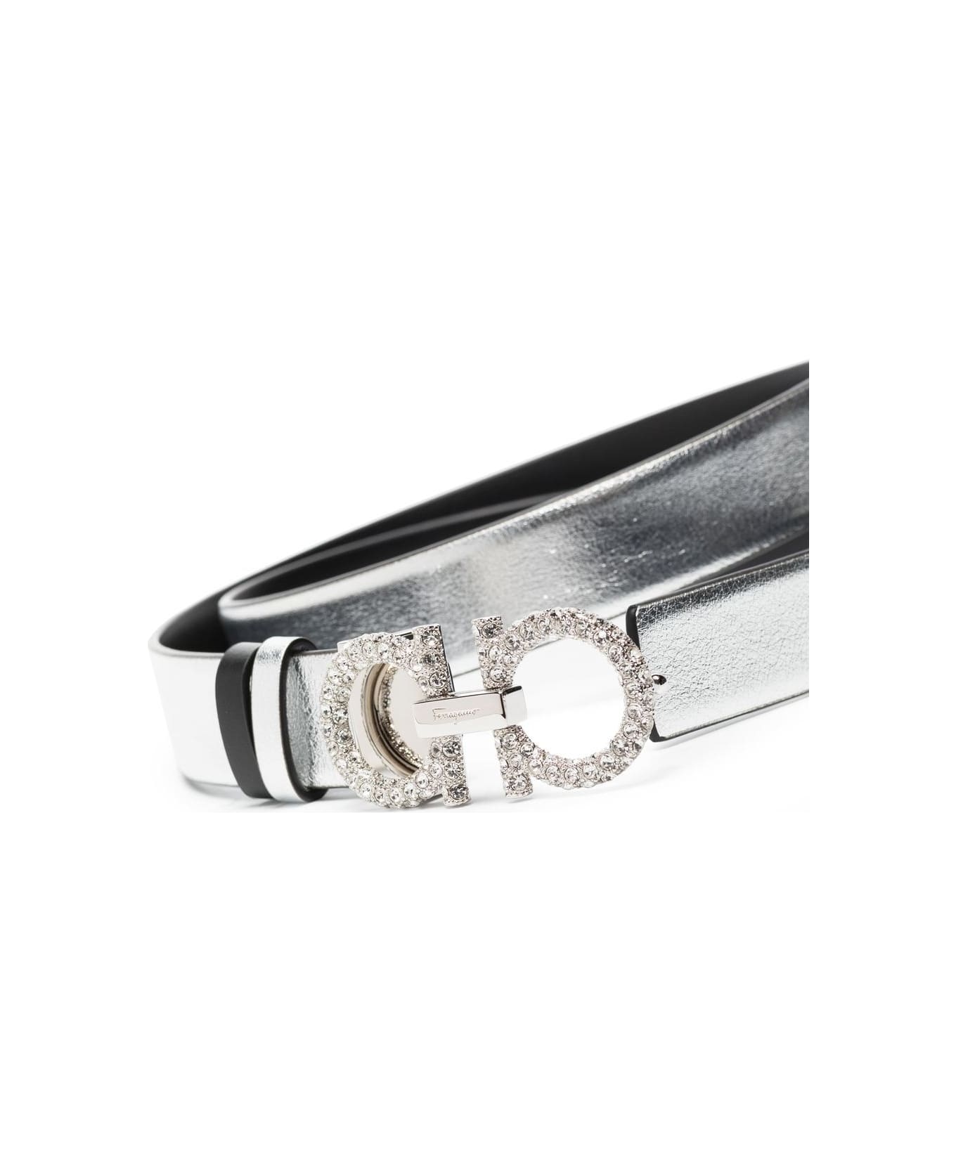 Ferragamo Gancini Strass Leather Belt - Silver