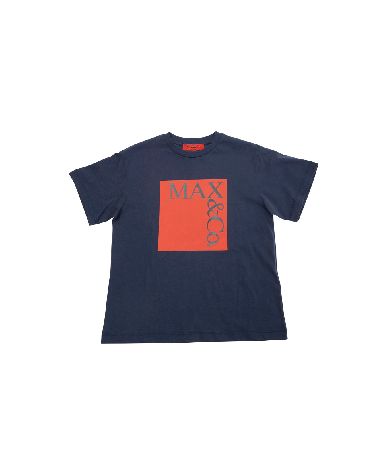 Max&Co. Blue Crewneck T-shirt With Maxi Logo Print On The Front In Tech Fabric Girl - Blu