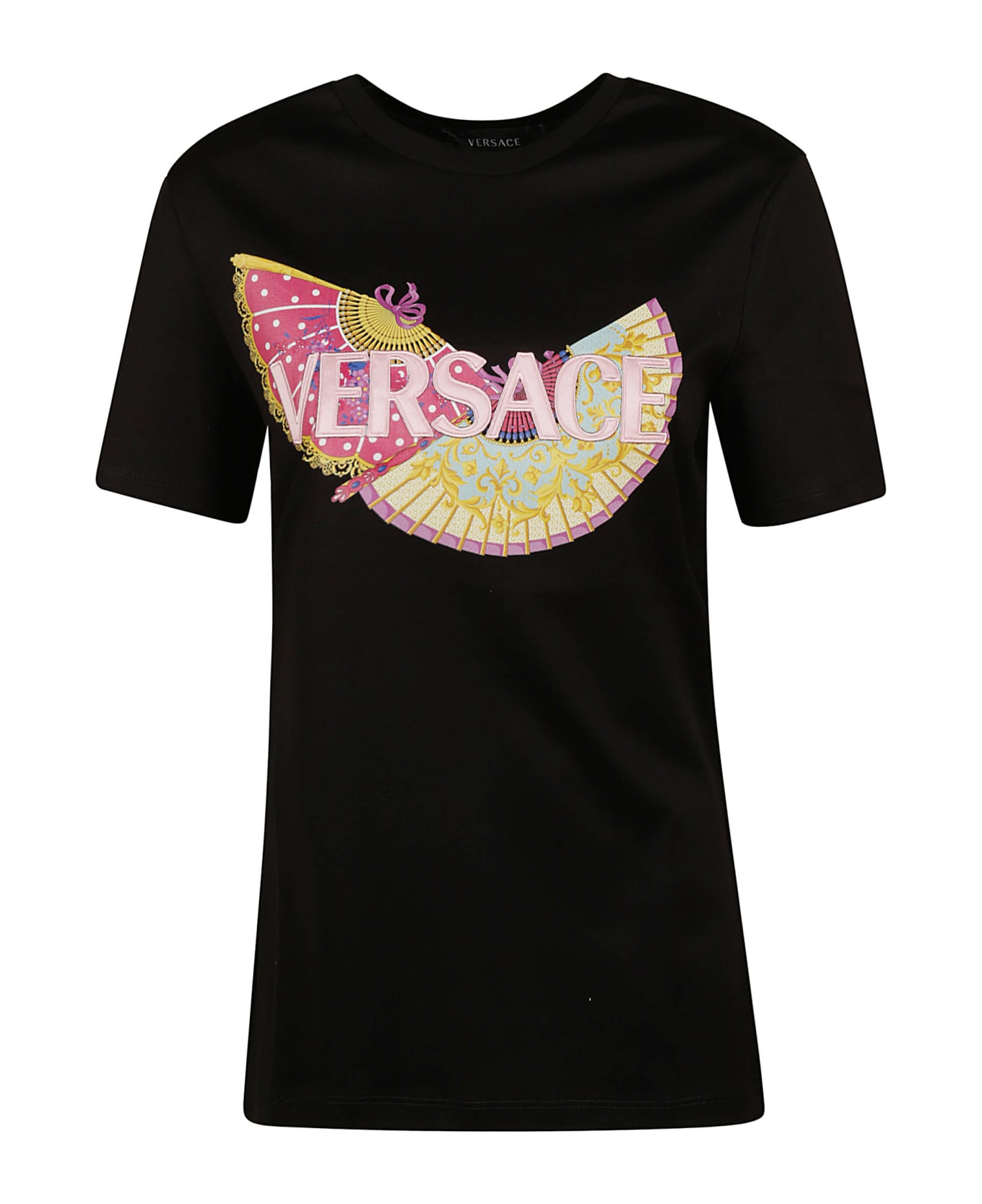 Versace Logo Patched Fan Printed T-shirt - Black