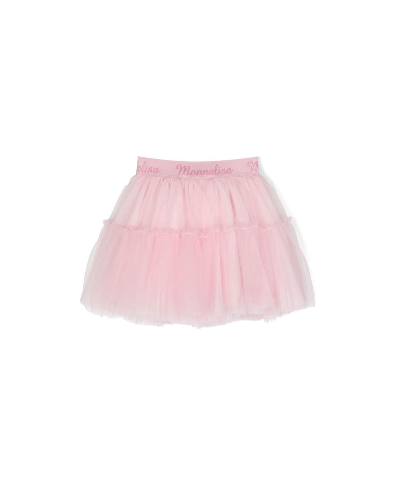 Monnalisa Pink Mini-skirt With Branded Elastic Waistband In Tulle Girl - Pink