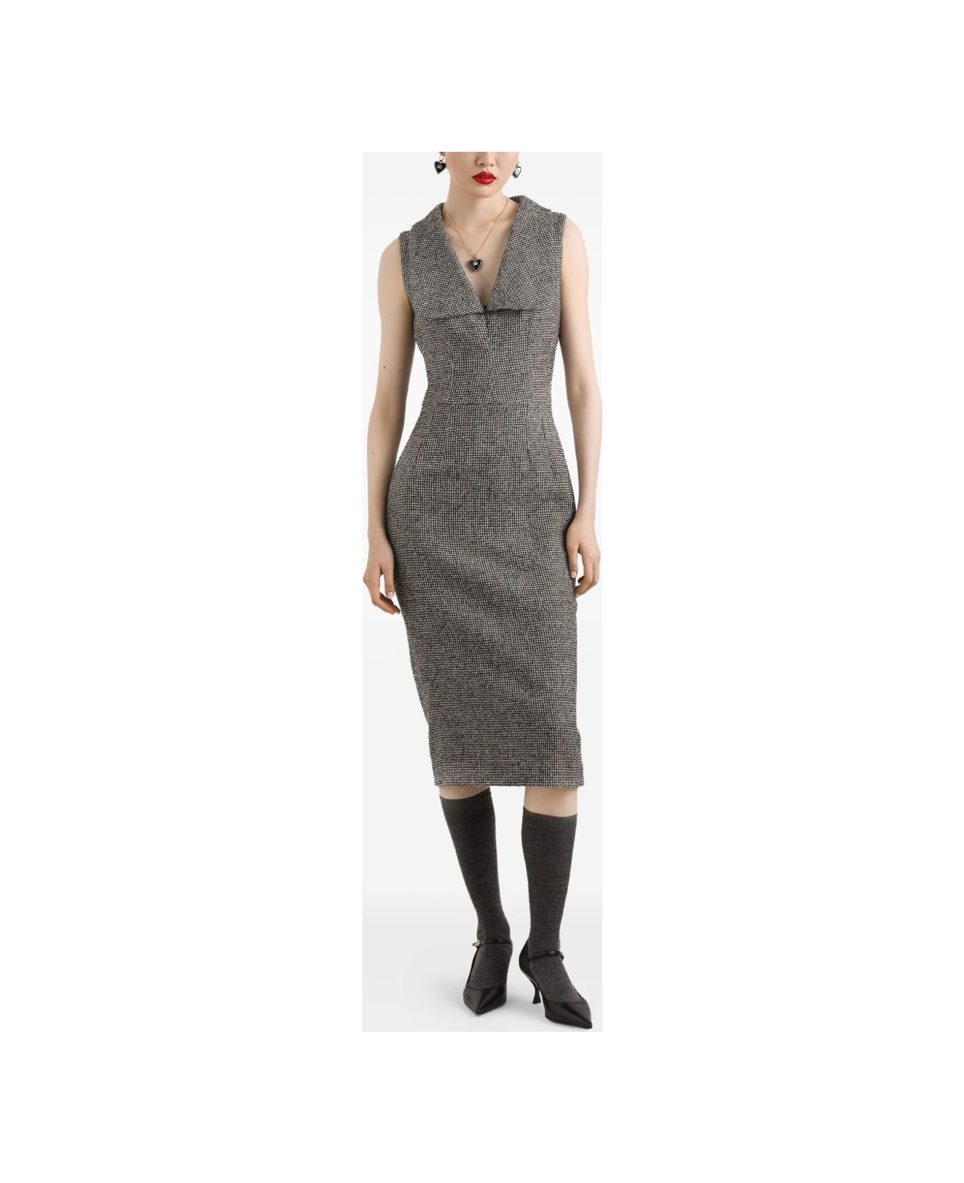 Dolce 
Gabbana Dolce &amp; Gabbana Grey Sleeveless Dress In Black Houndstooth - Grey