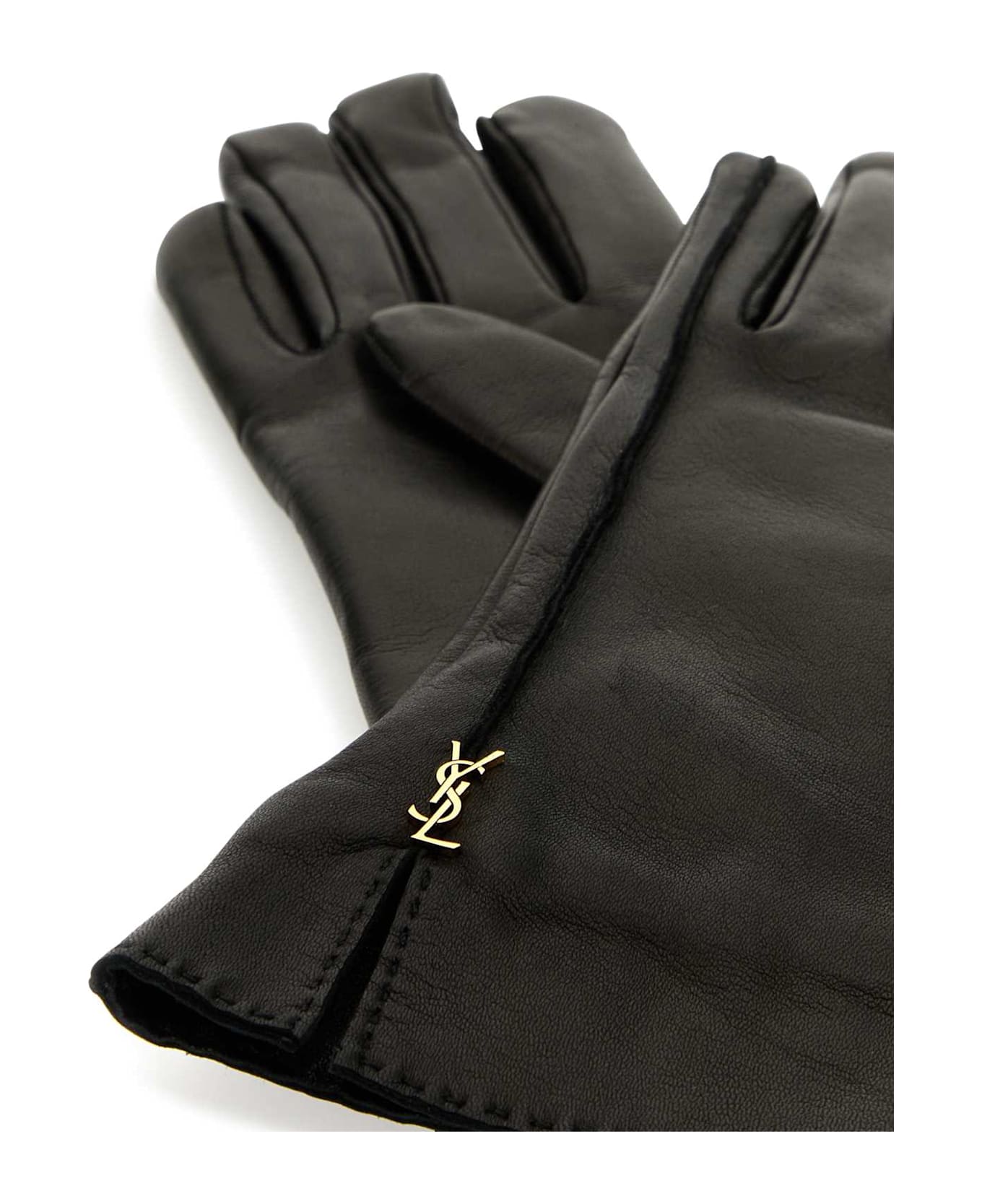 Saint Laurent Black Leather Cassandre Gloves - Black