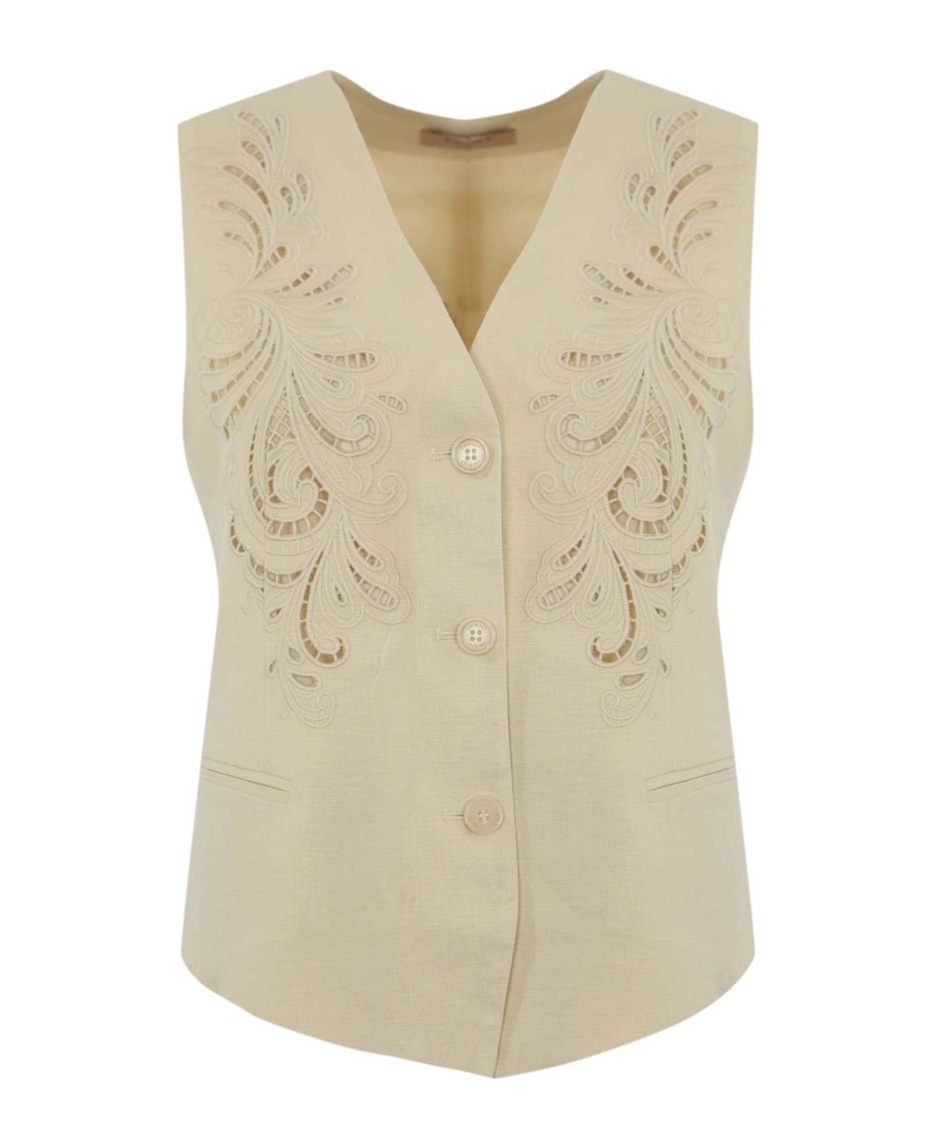 TwinSet Waistcoat With Embroidery In Linen Blend - Madreperla
