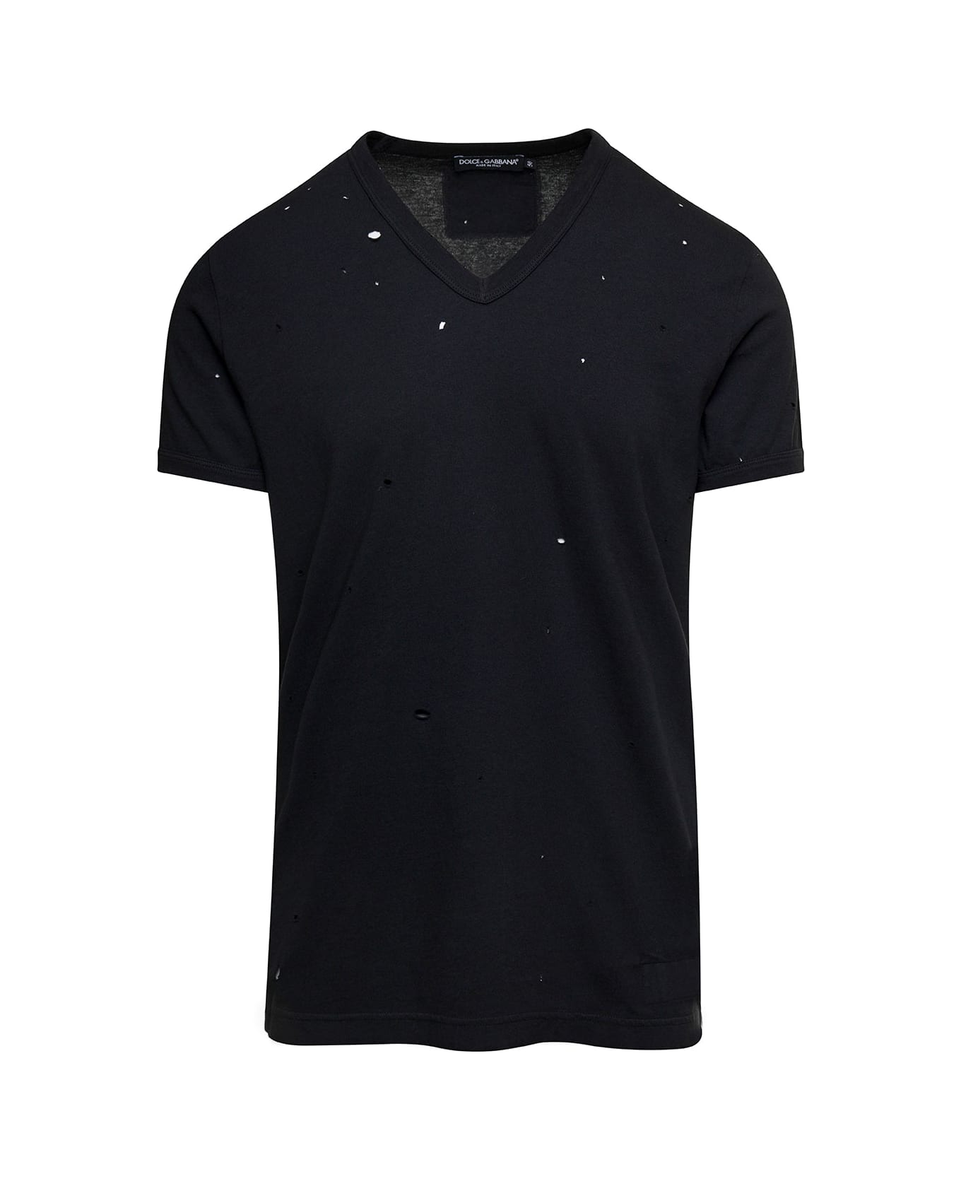 Dolce & Gabbana Black T-shirt With All-over Rips And Ri-edition Logo Patch In Cotton Man - Black