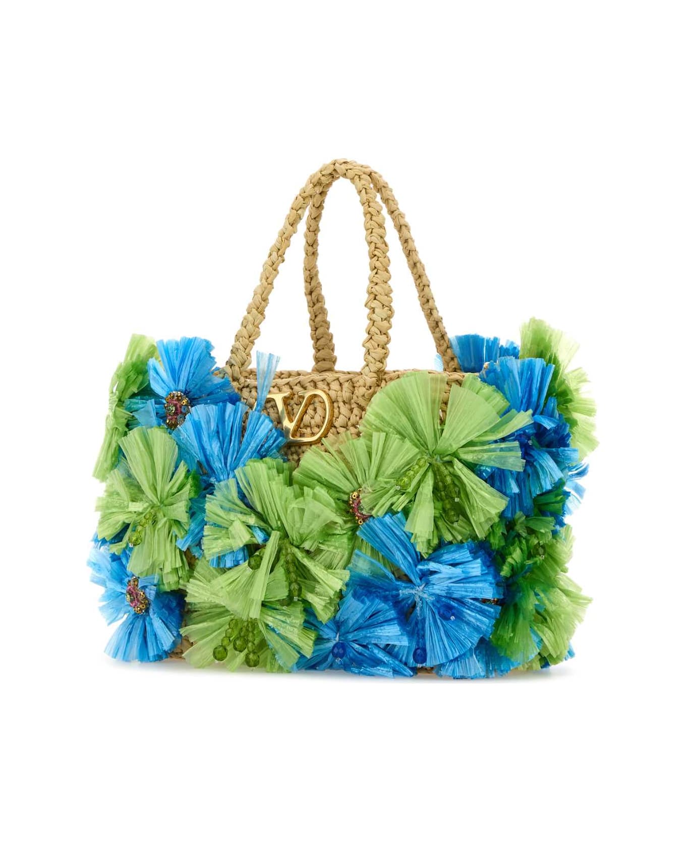 Valentino Garavani Embellished Raffia Vlogo Signature Handbag - NATURALEVERDEAZZURRONATURALCAMEL