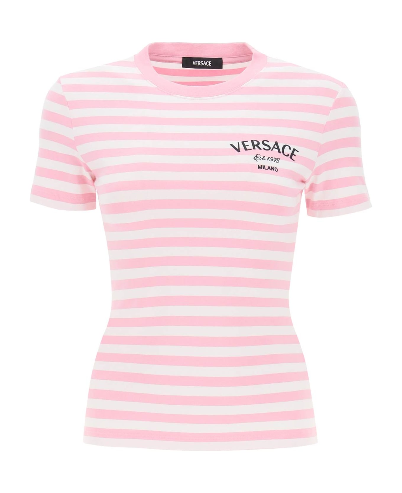 Versace Logo-embroidered Crewneck Striped T-shirt - WHITE PALE PINK MULTICOLO (White) Tシャツ