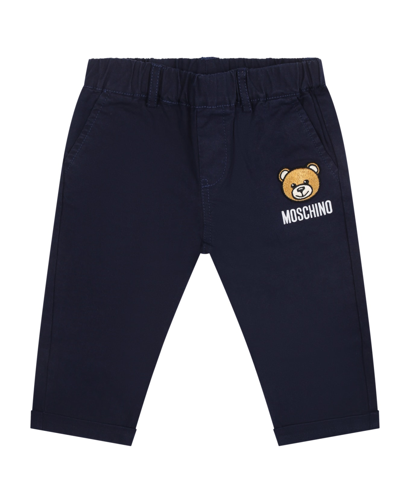 Moschino Blue Trousers For Baby Boy With Teddy Bear And Logo - Blue