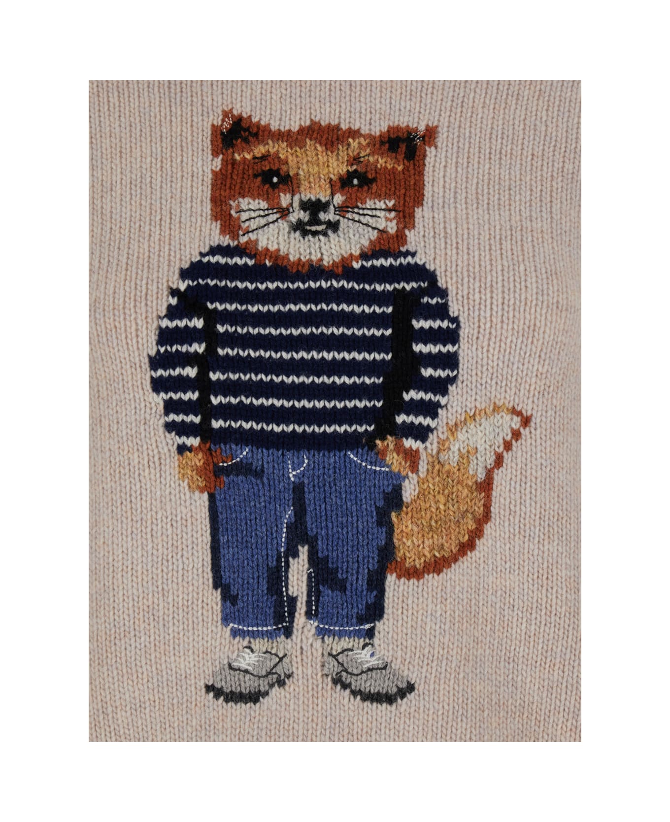 Maison Kitsuné Beige Crew Neck Sweater With Ribbed Design And Front Embroidery In Wool Woman - Beige