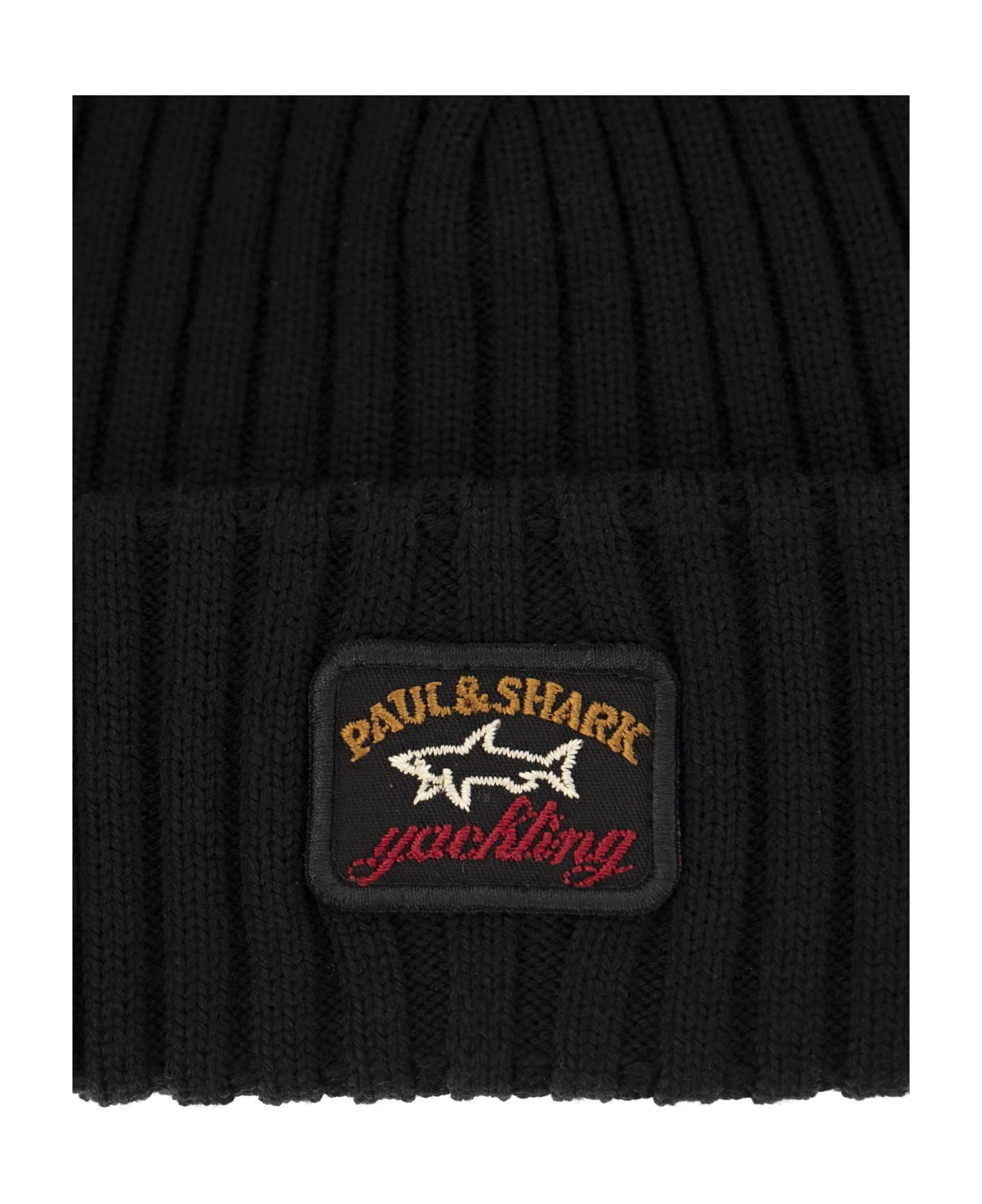 Paul&Shark Iconic Coin Badge Ribbed Wool Hat - Black