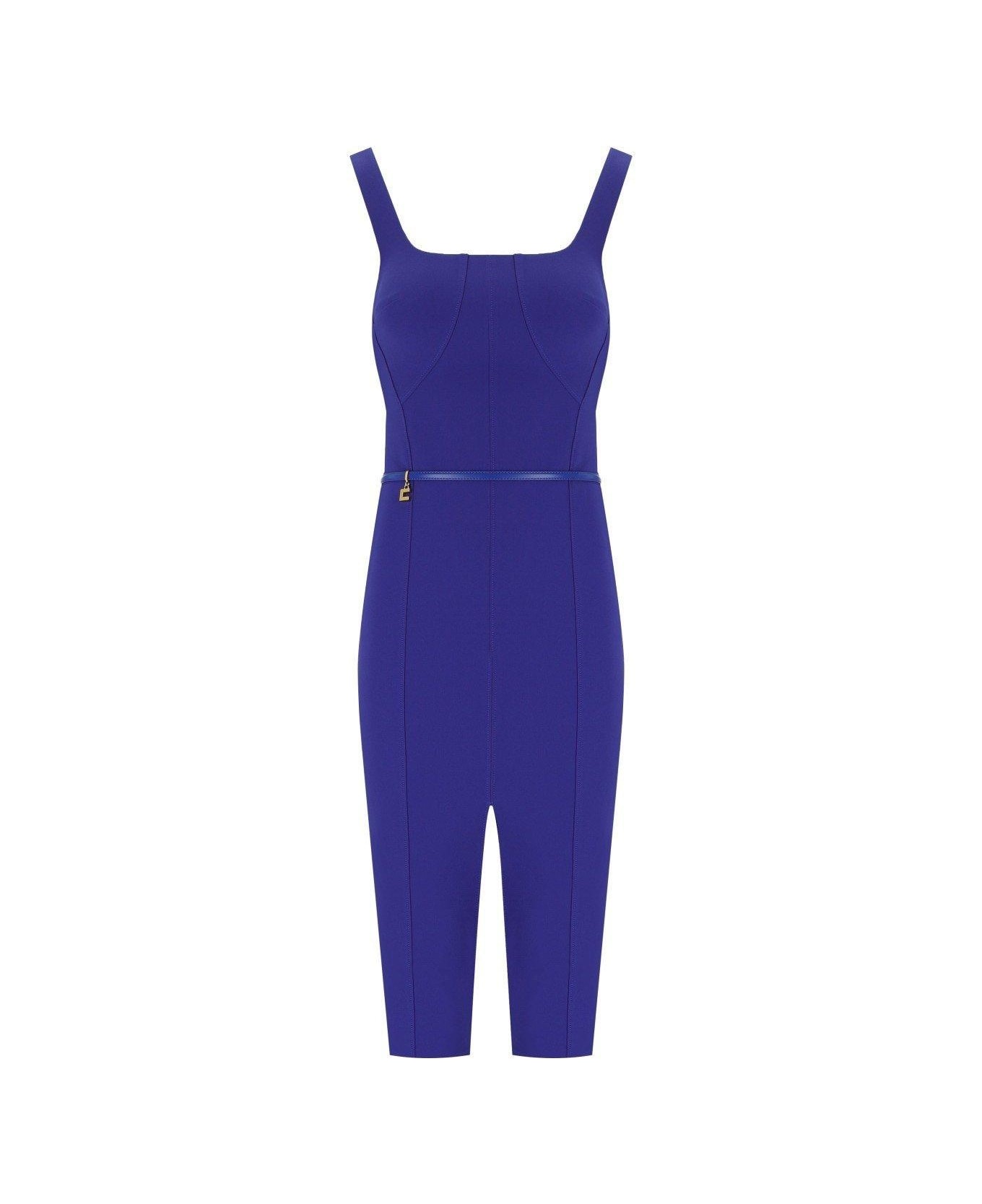 Elisabetta Franchi Square Neck Sheath Crepe Midi Dress - Indigo