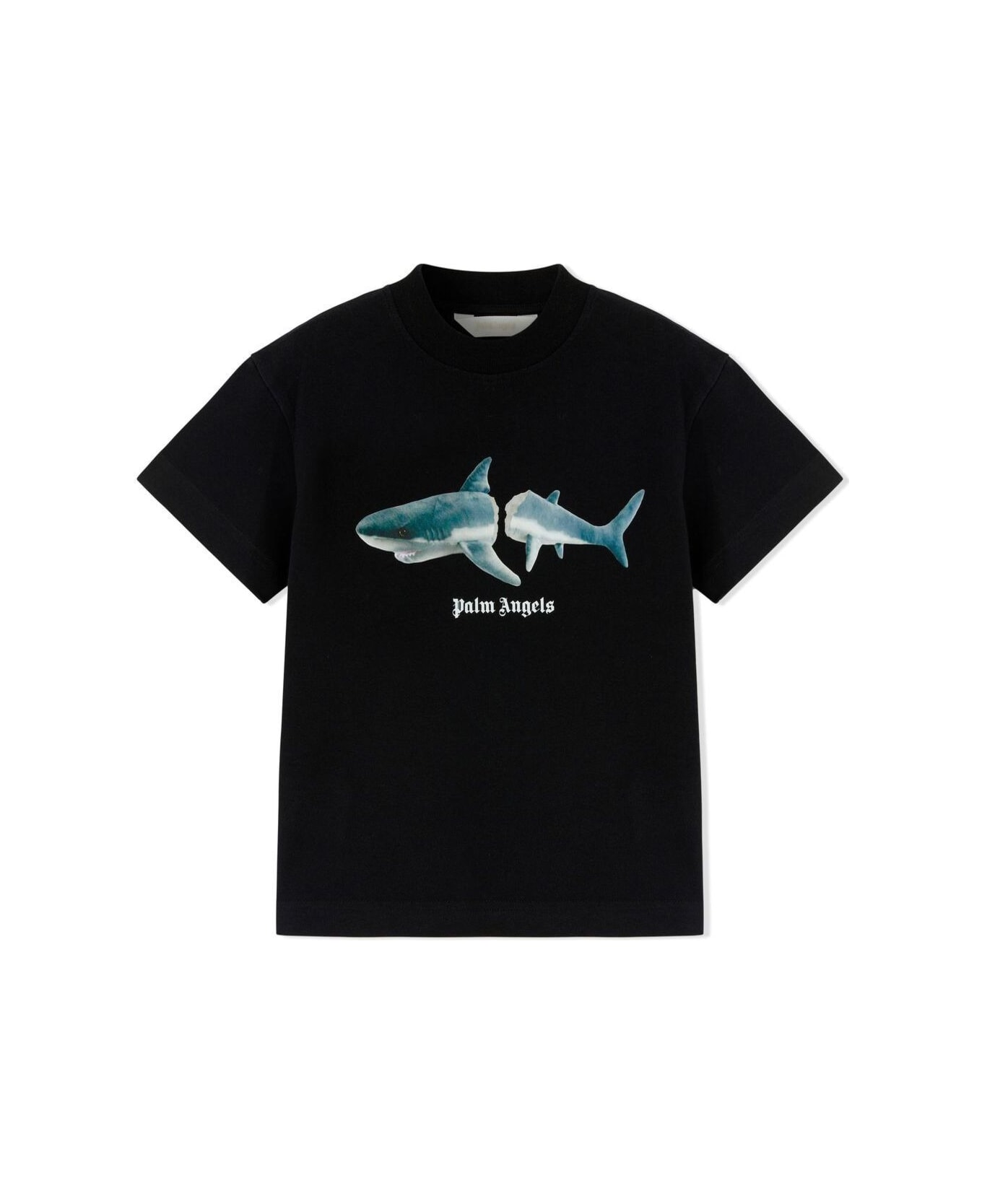Palm Angels Crewneck T-shirt With Shark And Logo Print In Black Cotton Boy - BLACK