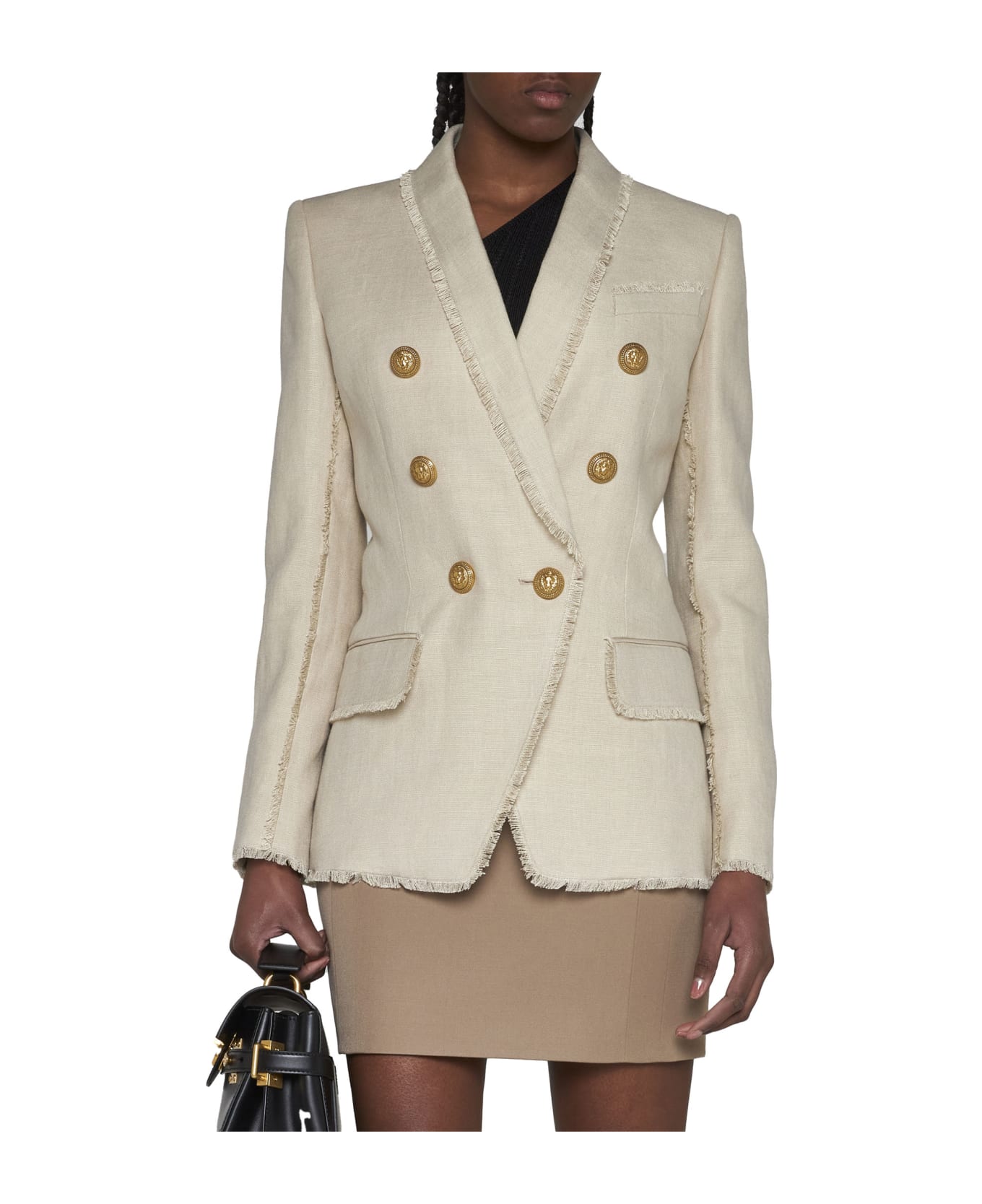 Balmain Double-breasted Fray-trimmed Blazer - Beige