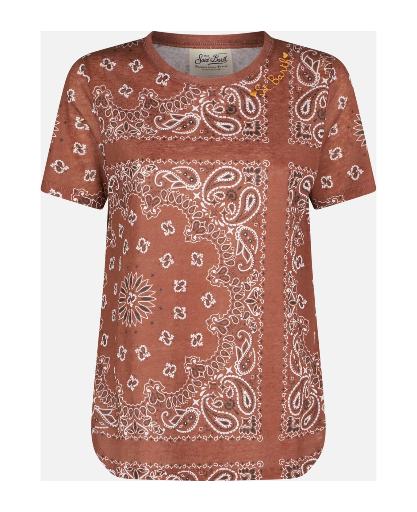MC2 Saint Barth Woman Linen T-shirt With Bandanna Print - BROWN