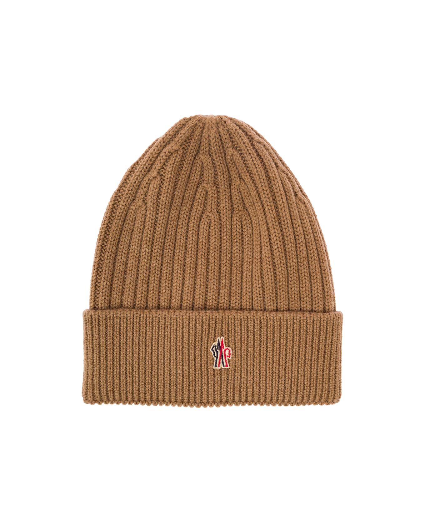 Moncler Grenoble Beige Ribbed Beanie With Logo Patch At The Front In Wool Man - Beige