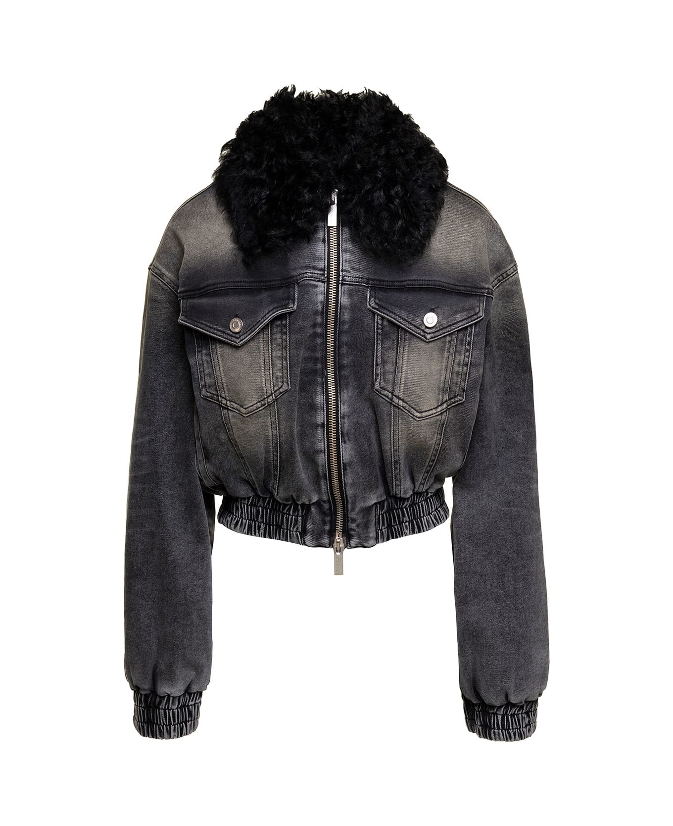 Blumarine Black Jacket With Faux Fur Collar And Logo Embroidery In Stretch Cotton Denim Woman - Grey