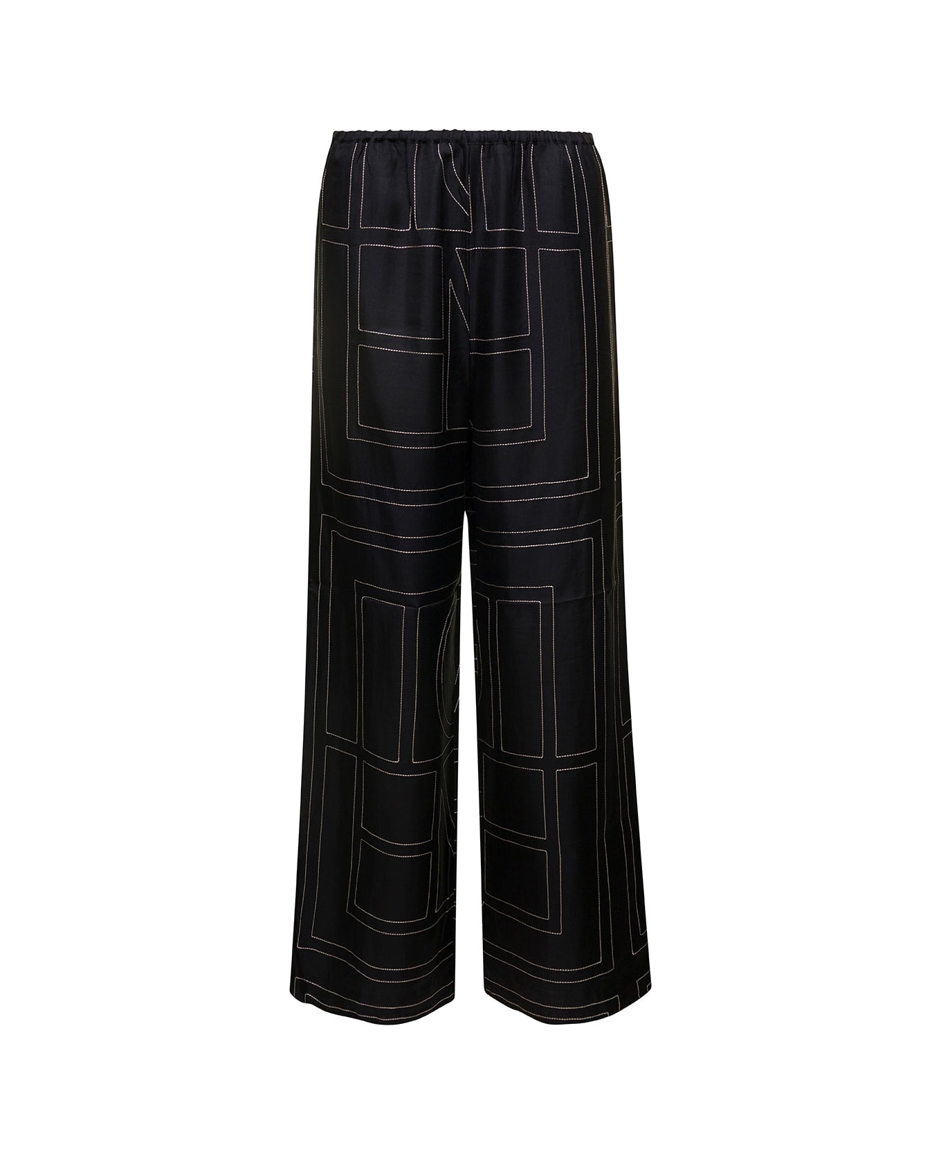 Totême Black Loose Pants With Monogram Print In Silk Woman - Nero