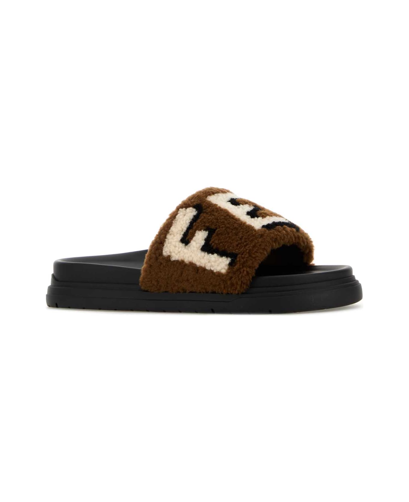 Fendi Multicolor Shearling Slippers - BROWN