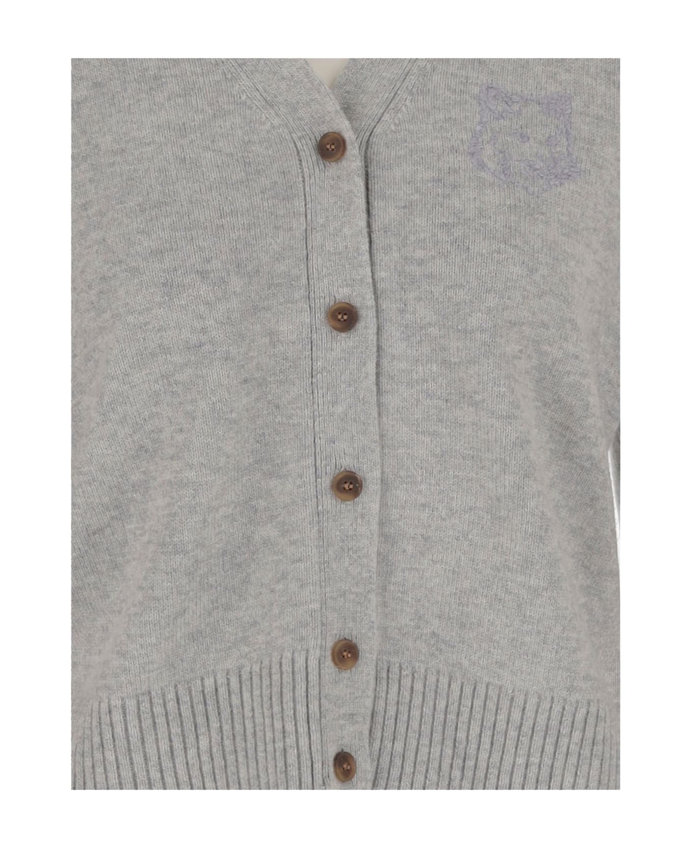 Maison Kitsuné Wool And Cashmere Cardigan With Fox Embroidery - Grey