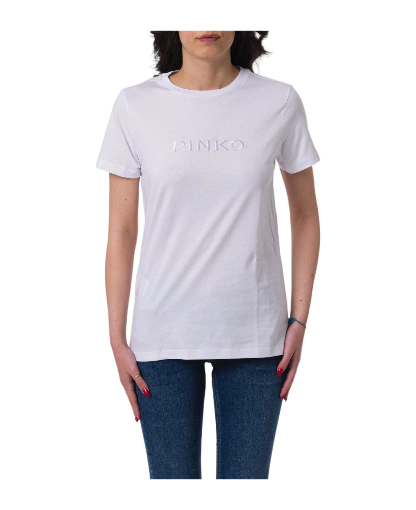Pinko Logo Embroidered Crewneck T-shirt - Bianco brill.