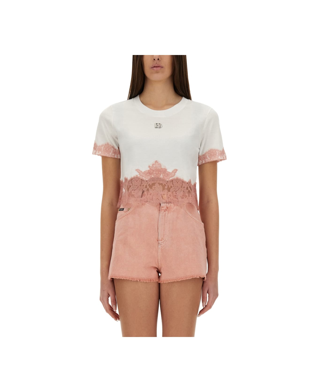 Dolce & Gabbana Cropped Jersey T-shirt With Lace Inserts - Bianco 