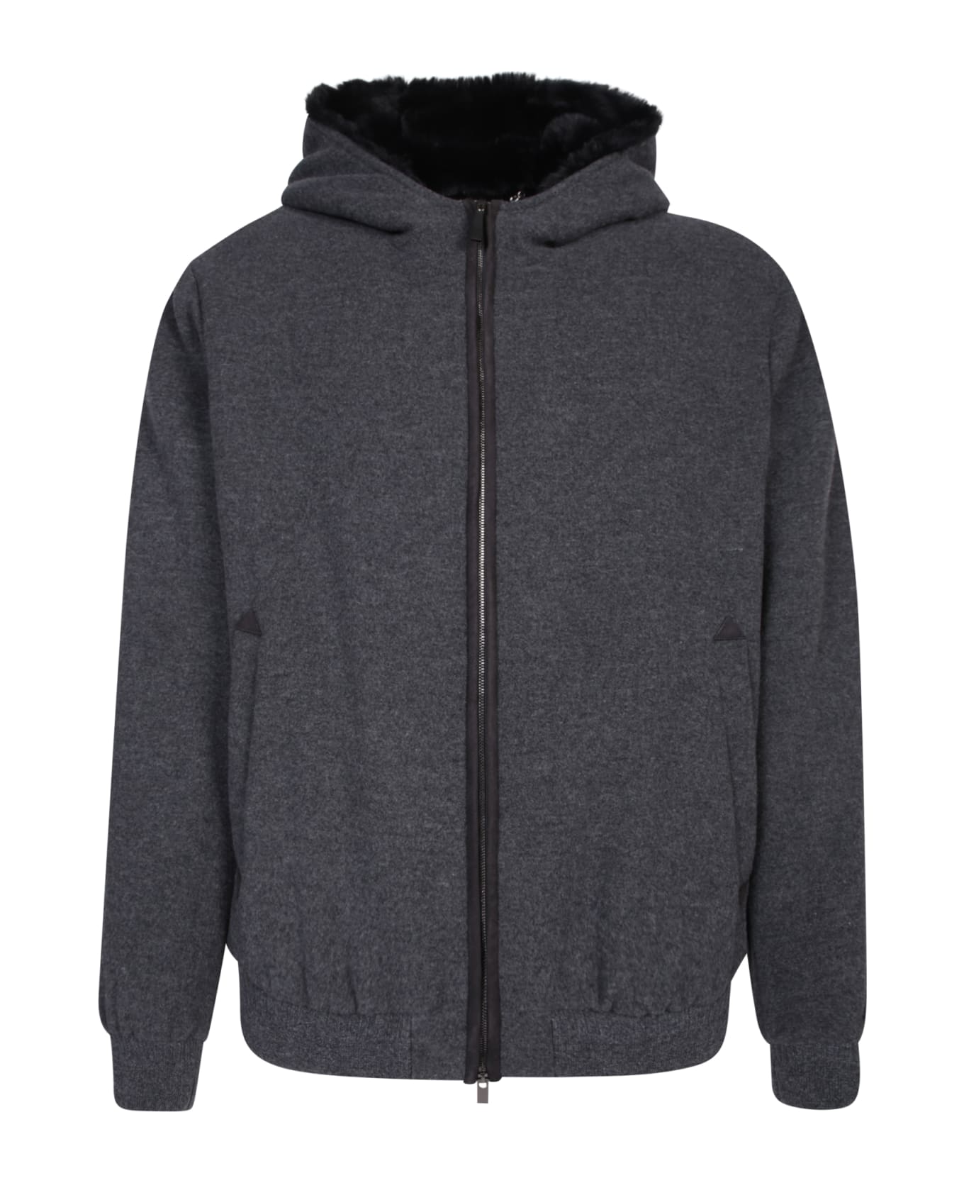 Canali Melange Grey Zip-up Faux Fur Hoodie - Grey