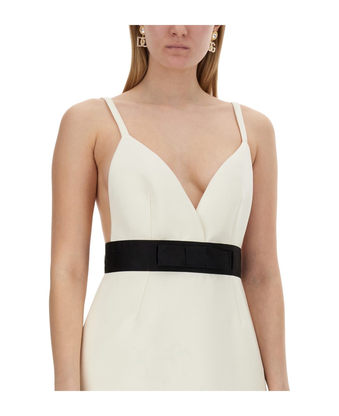 Dolce & Gabbana Short Dress With Shoulder Straps And Satin Belt - BIANCO