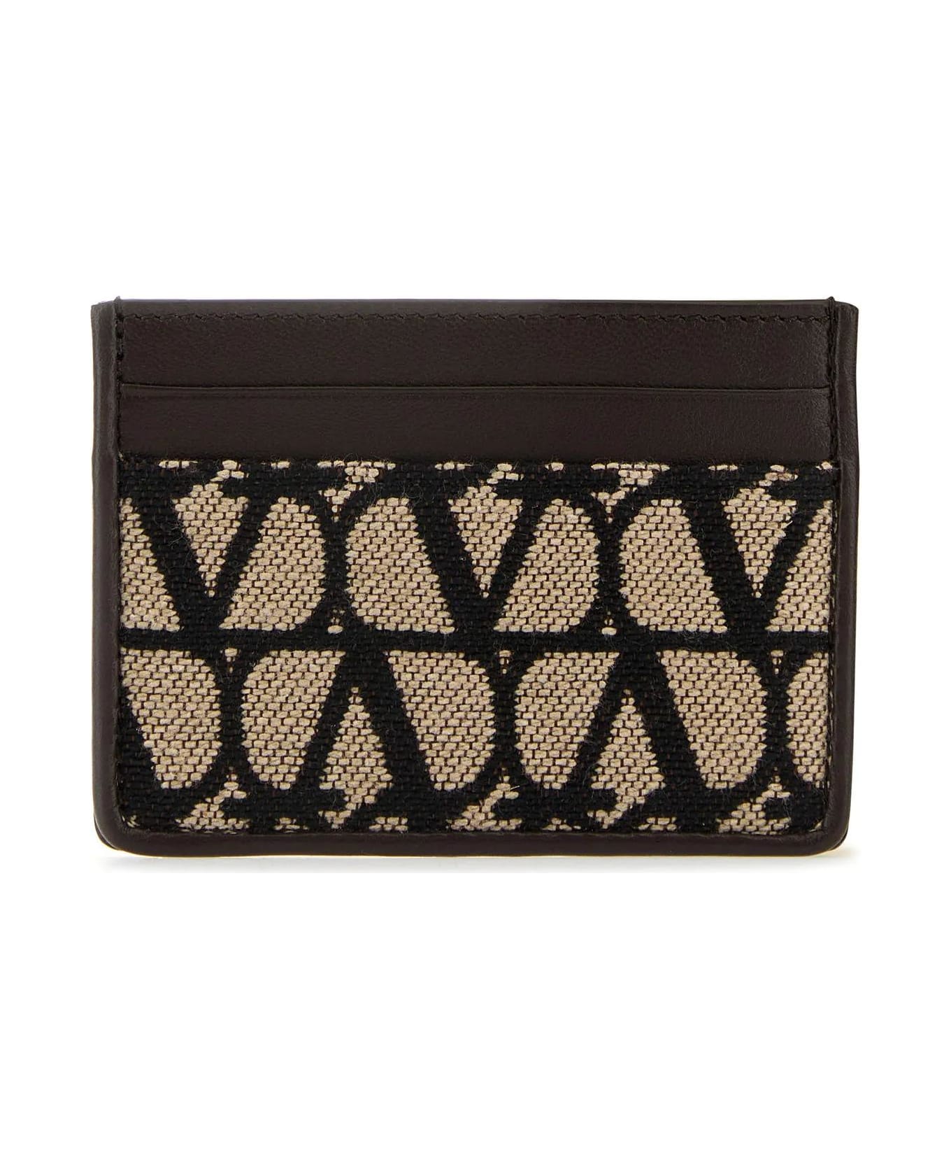 Valentino Garavani Leather And Toile Iconographe Card Holder - NATURALENEROFONDANT