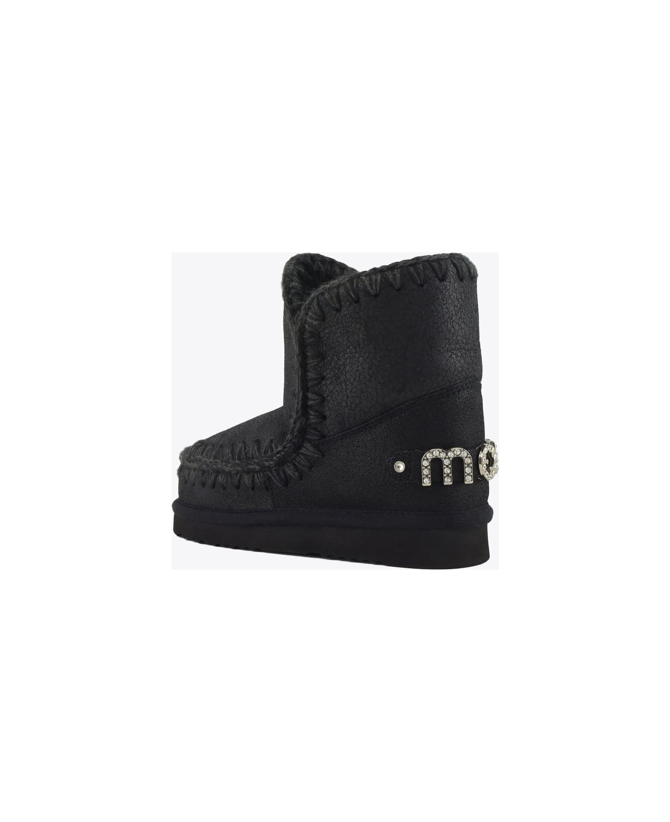 Mou Eskimo 18 Rhinestones Logo Black Sheepskin Ankle Boots - Eskimo 18 Rhinestones Logo - Cbkg Cracked Black