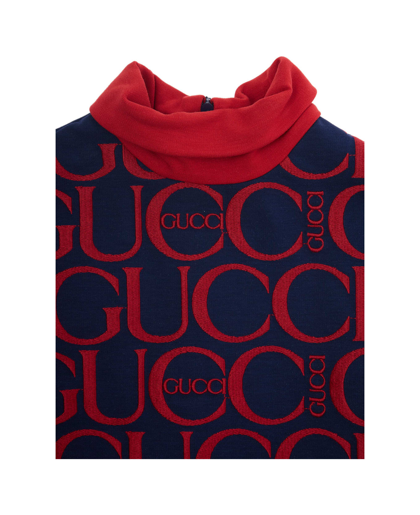 Gucci Red And Blue Long Sleeve Dress With Logo Lettering Print In Viscose Girl - Multicolor