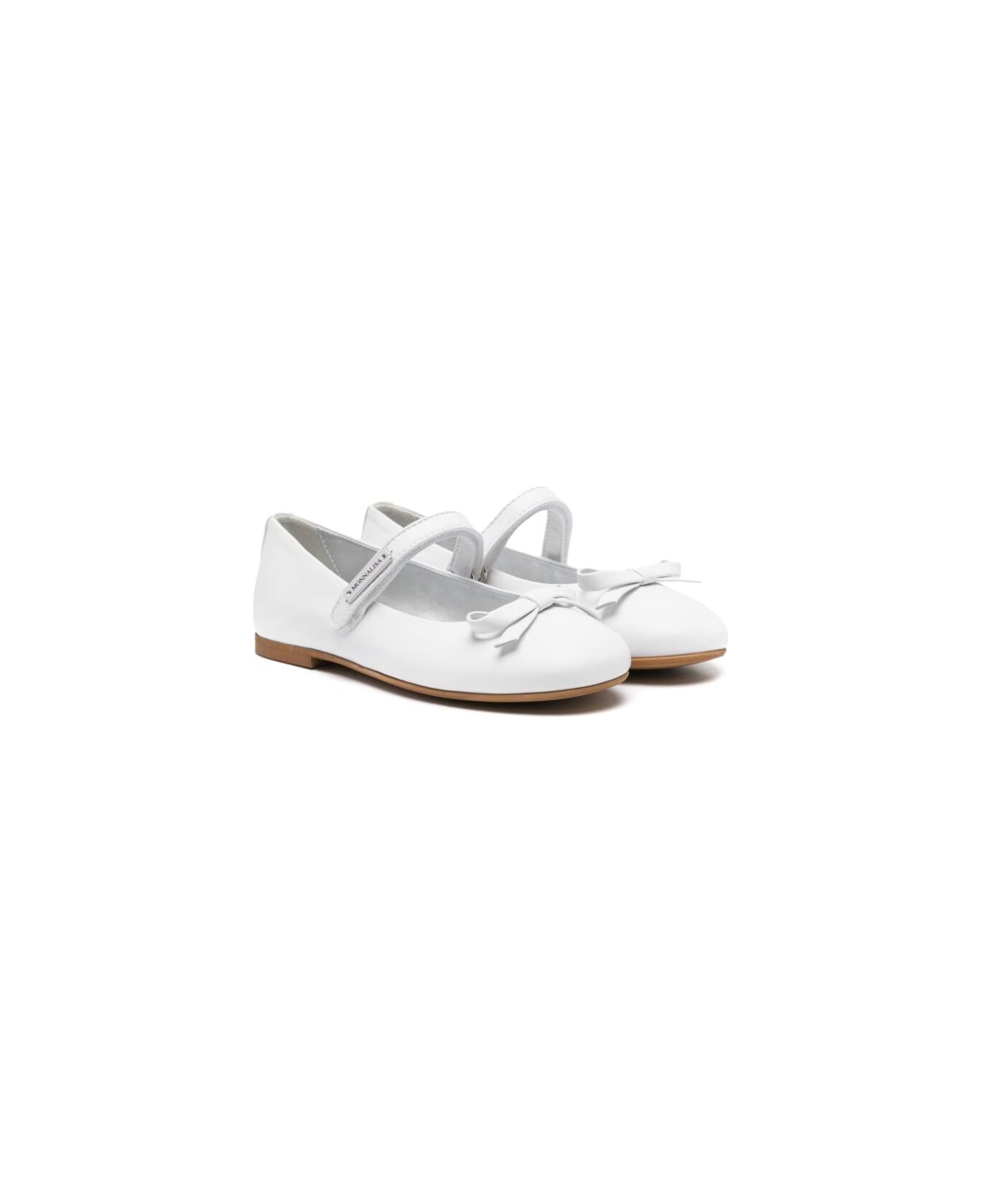 Monnalisa White Ballet Shoes Wih Bow Detail On The Front And Touch-strap Closure In Leather Girl - White