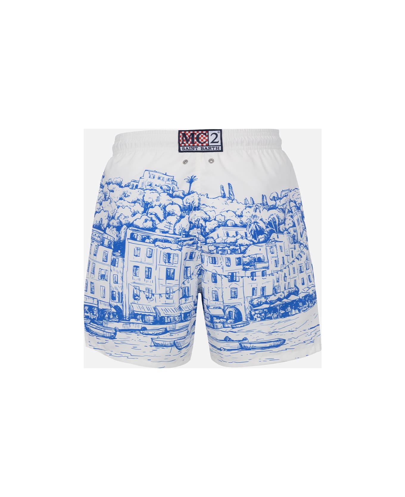 MC2 Saint Barth Man Mid-length Gustavia Swim-shorts With Portofino Placed Print - WHITE