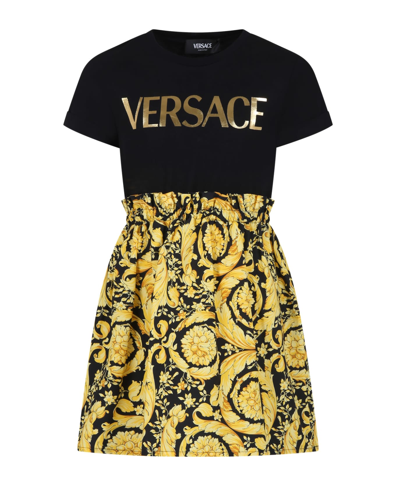 Versace Black Dress For Girl With Versace Logo And Baroque Print - Black