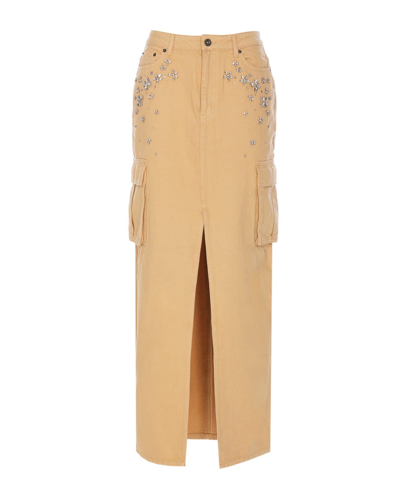 self-portrait Embellished Denim Cargo Maxi Skirt - Beige