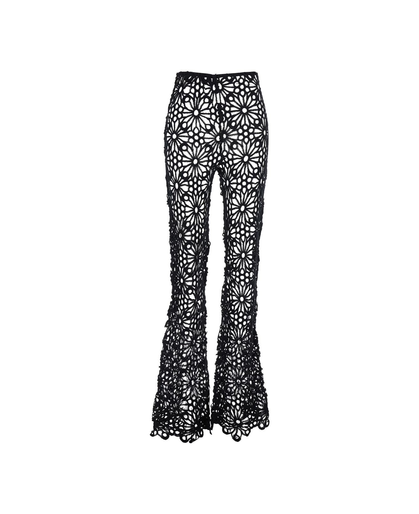 Norma Kamali 'boot Pant' Black Pants With Lace Embroidery Knit And Wide Leg In Tech Fabric Stretch Woman - Black