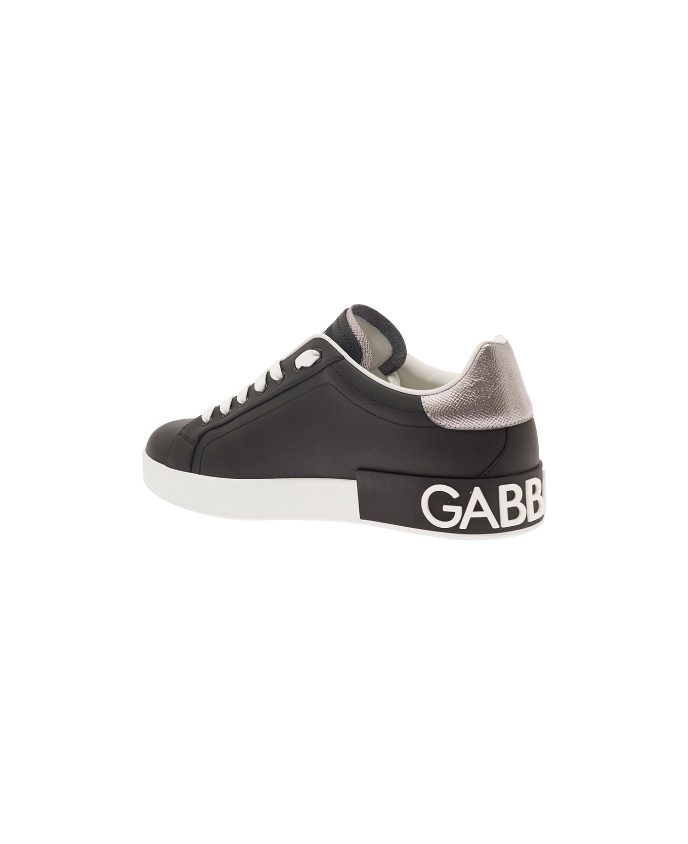 Dolce & Gabbana 'portofino' Black Low Top Sneakers With Metal Heel Tab And Logo Patch In Leather Man - Black