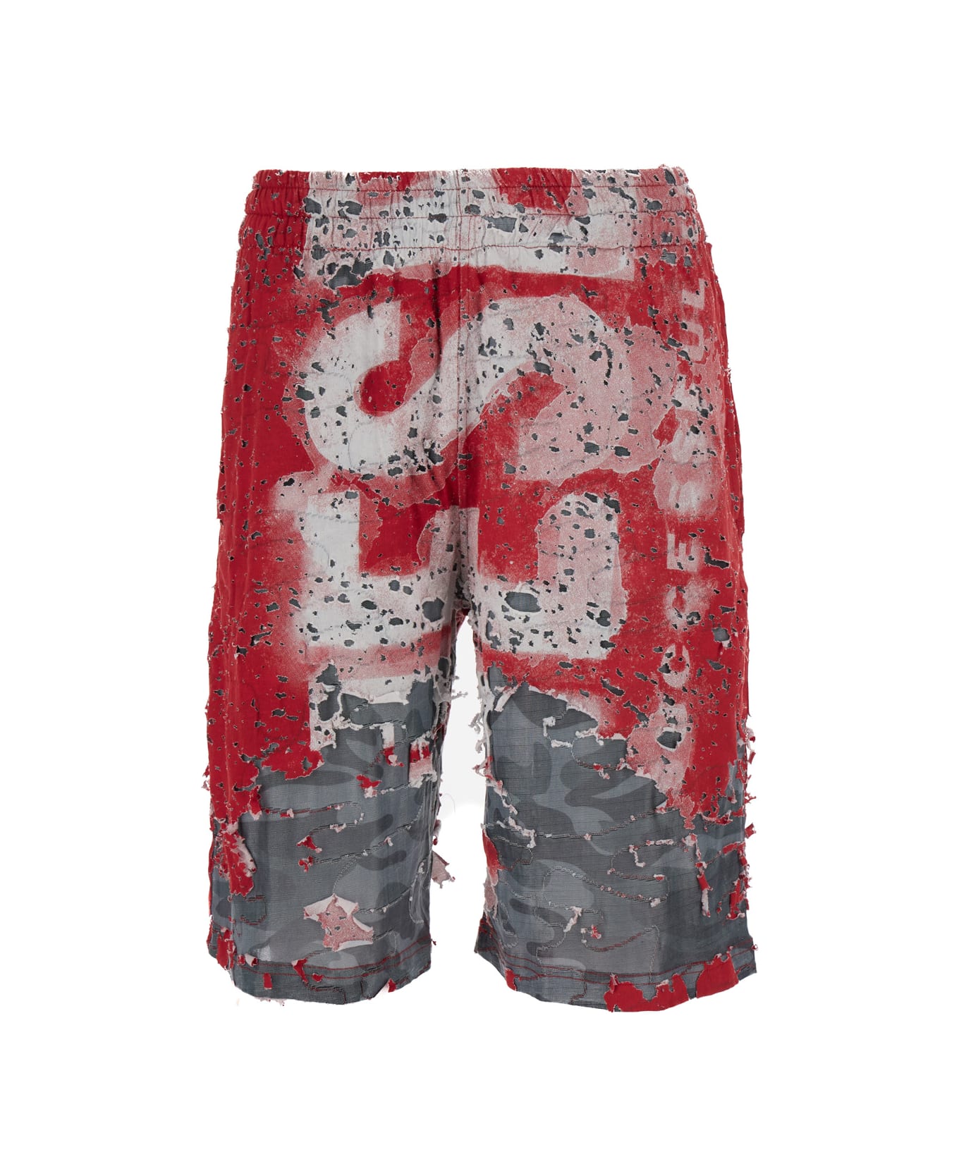 Diesel Red And Grey Shorts With Logo Print In Destroyed Jersey Man - Multicolor
