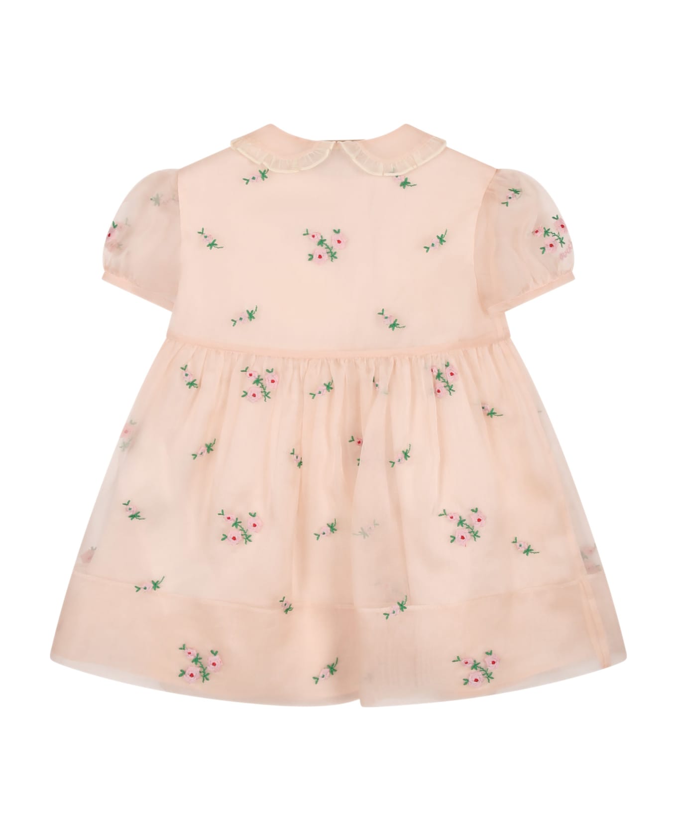 Gucci Pink Dress For Baby Girl With All-over Embroidered Roses - Pink