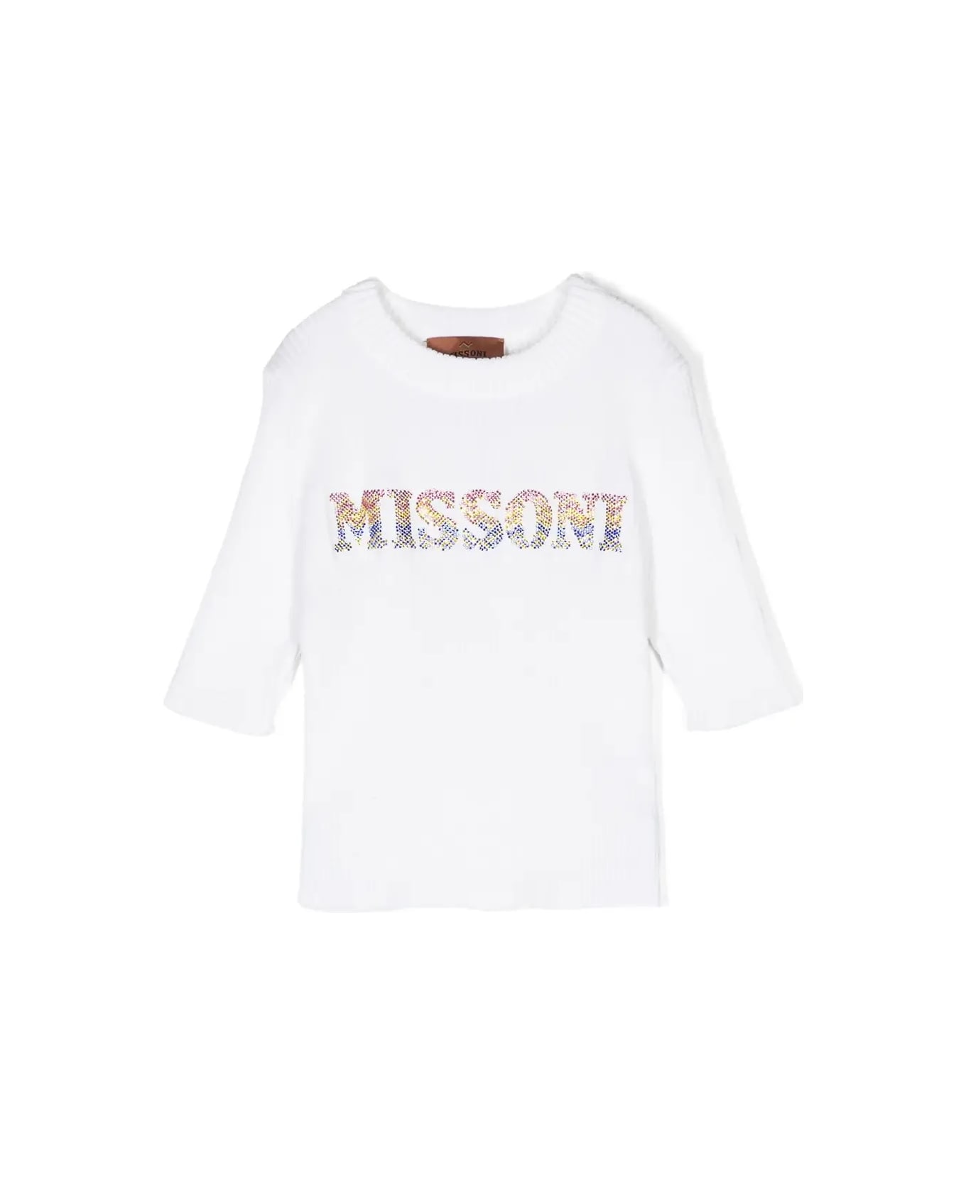 Missoni Kids White Ribbed Sweater With Rhinestone Logo - White
