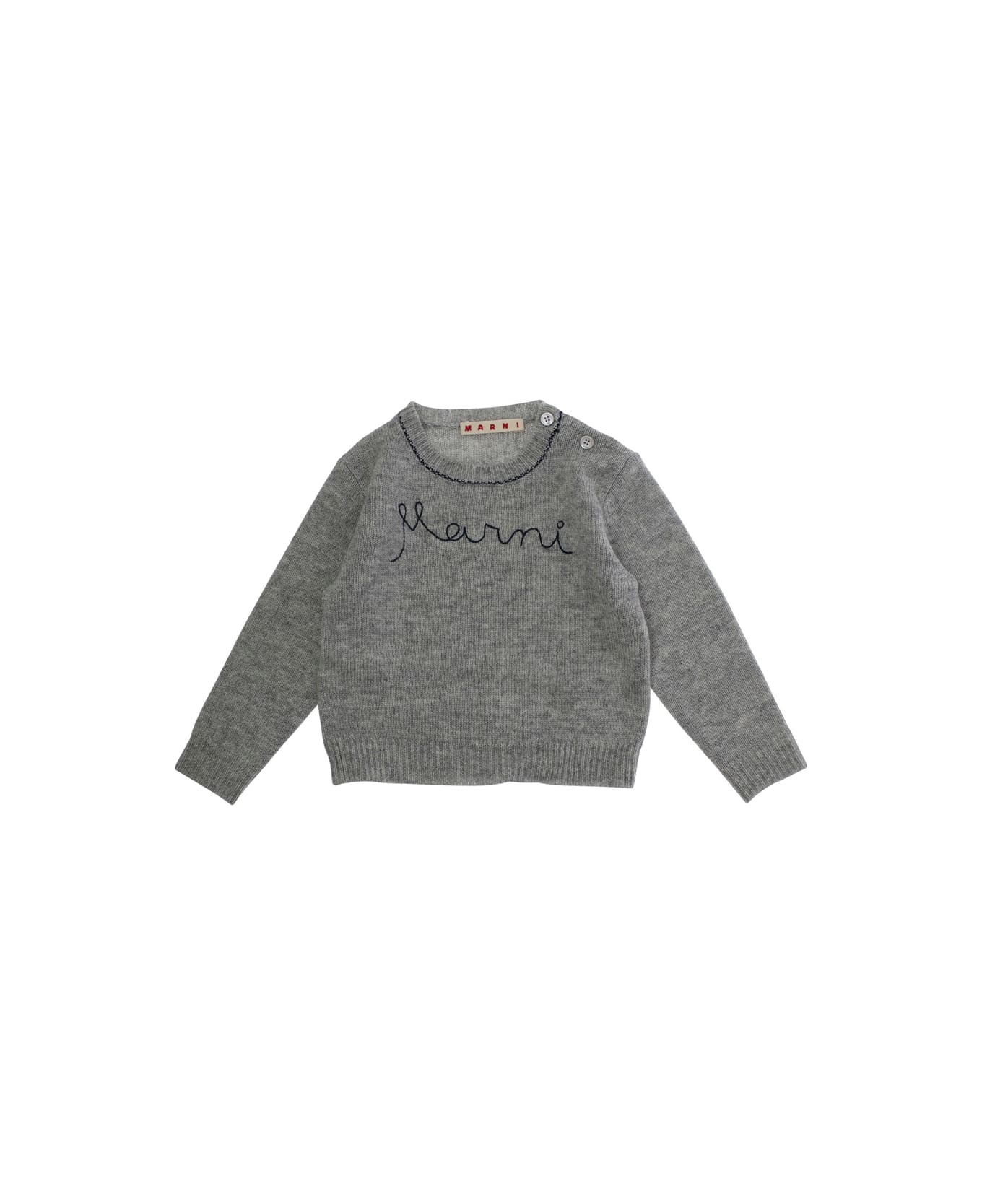 Marni Grey Crewneck Sweater With Logo Lettering On The Front In Wool Baby - Grey