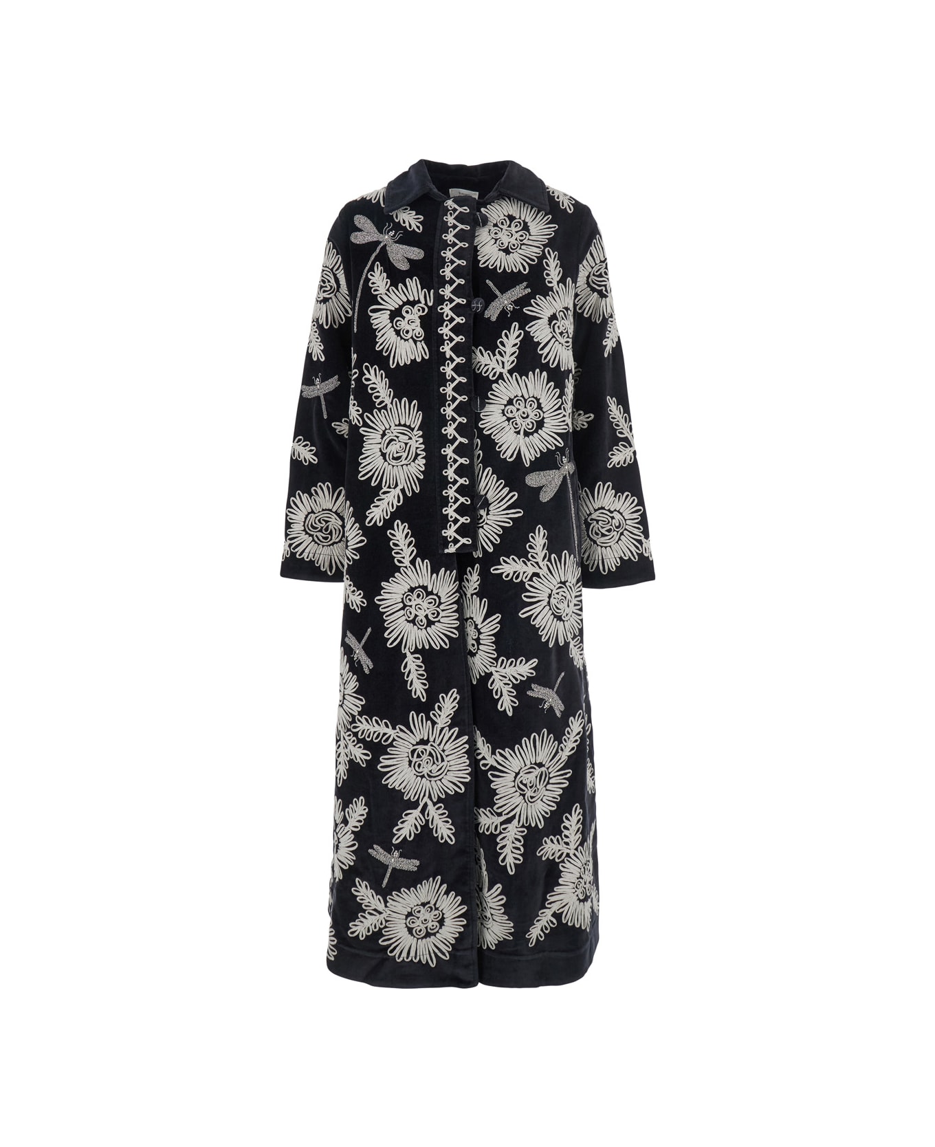 Forte_Forte Black And White Coat With All-over Embroidery In Cotton Woman - Black