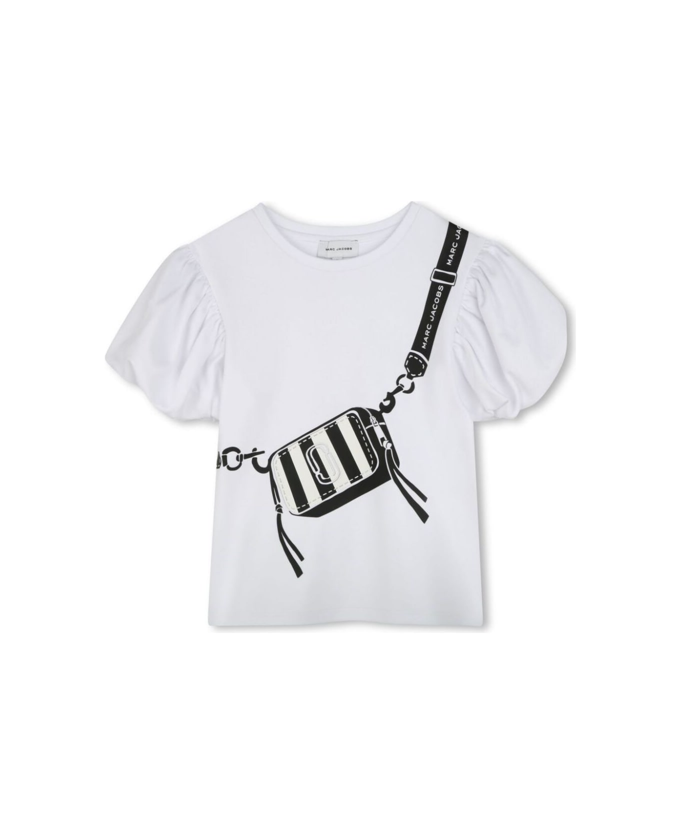 Marc Jacobs White Crewneck T-shirt With Puffed Sleeves And Logo Print On The Front In Cotton Girl - White