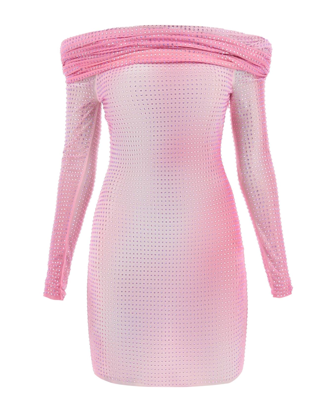 self-portrait Off-shoulder Mini Dress In Rhinestone-studded Mesh - Pink
