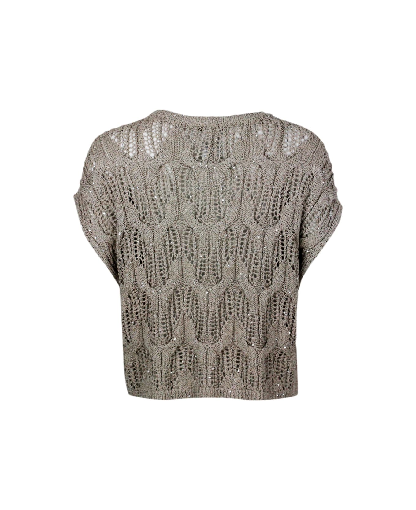 Antonelli Sleeveless Crew-neck Sweater With Cable Knit Embellished With Cotton And Linen Microsequins - Beige