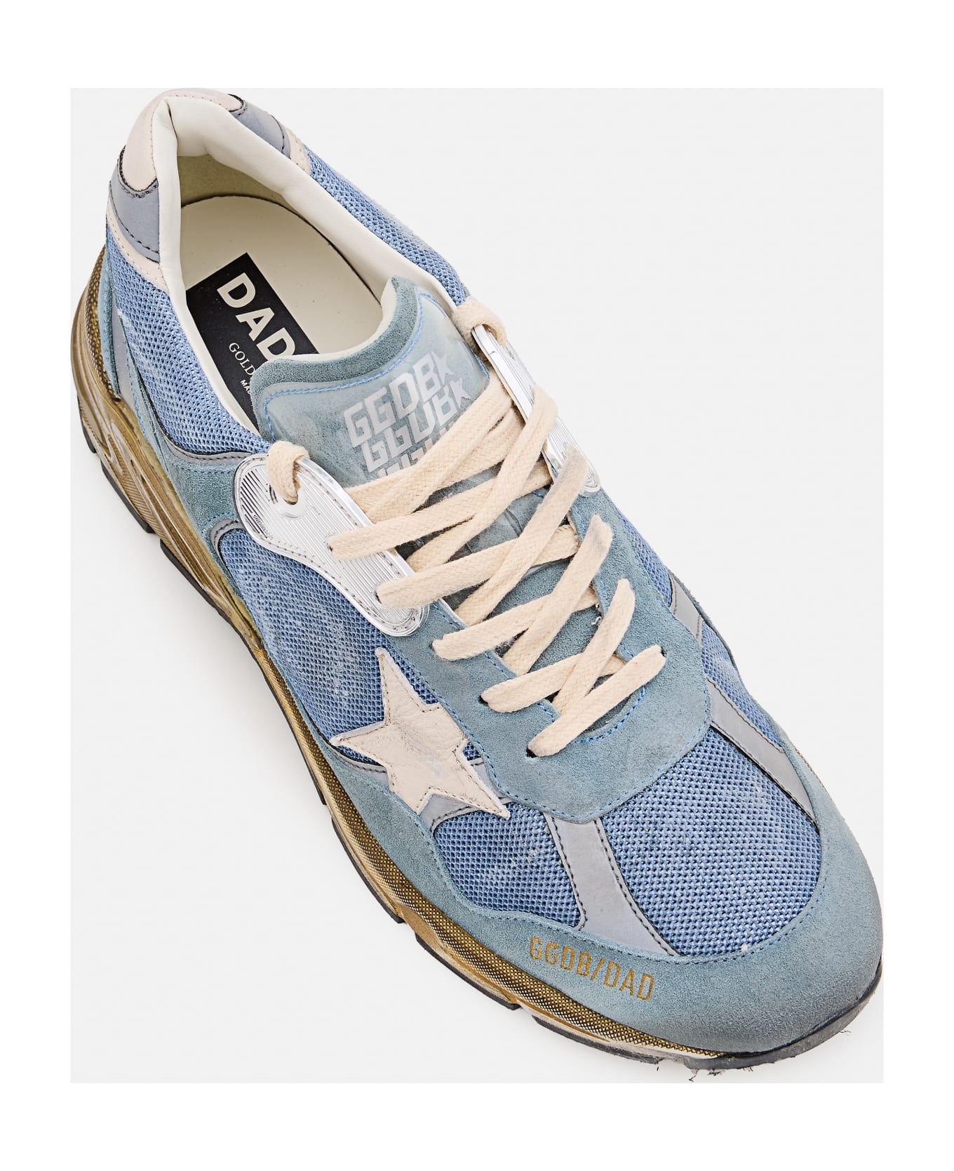 Golden Goose Running Dad Net And Suede Upper Leather Star And Heel Suede Spur - Azzurro