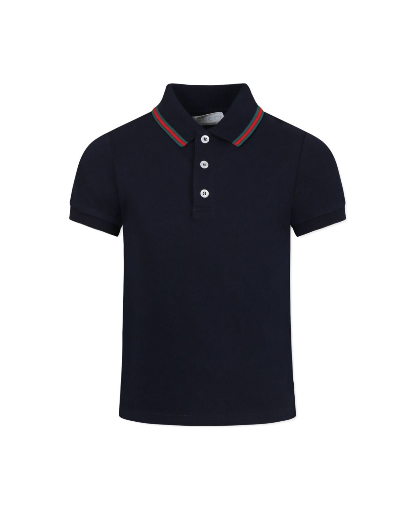 Gucci Blue Polo Shier With Classic Collar With Web Motif In Cotton Boy - Blu